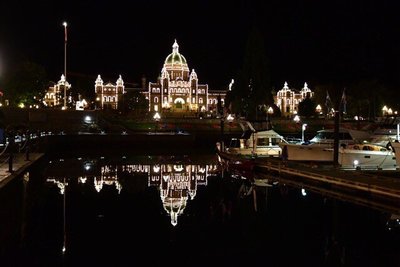 Parliament building at night from the docks. Victoria BC